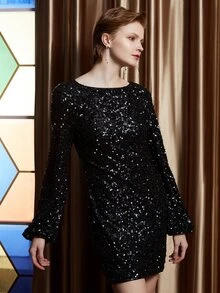 MOTF PREMIUM SEQUIN BALLOON SLEEVE DRESS - Black - View 3