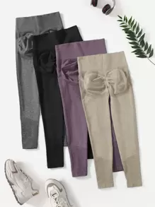 Yoga Basic 4入組寬版腰帶運動打底褲 - 彩色 - 查看 1