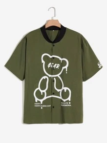 ROMWE MEN 男士熊字母圖案襯衫 - 軍綠色 - 查看 1