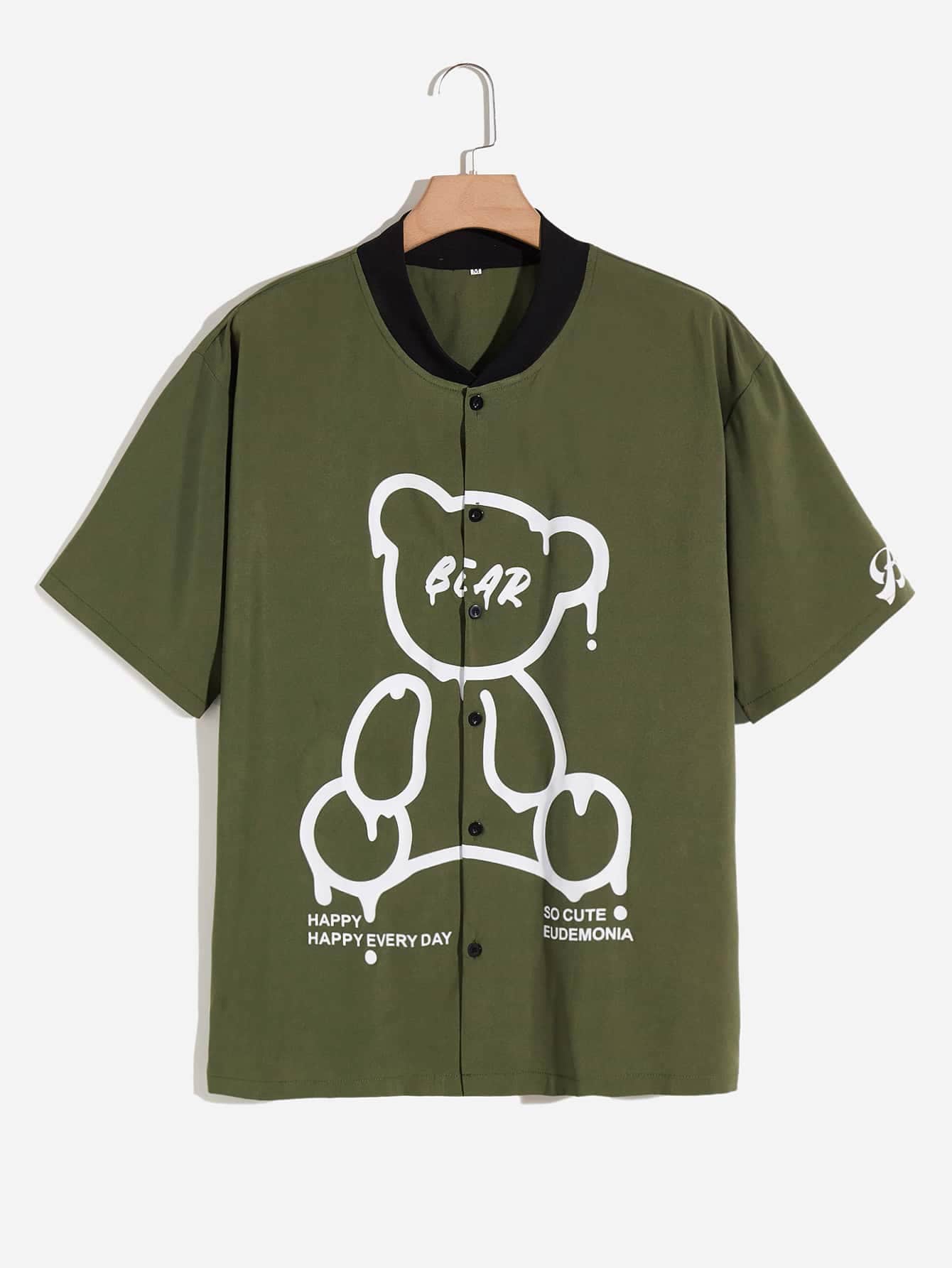 ROMWE MEN 男士熊字母圖案襯衫 - 軍綠色 - 查看 1