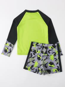 泳裝童裝,適合青春期男孩,恐龍印花,圓領設計,短袖套口 - 彩色 - 查看 2