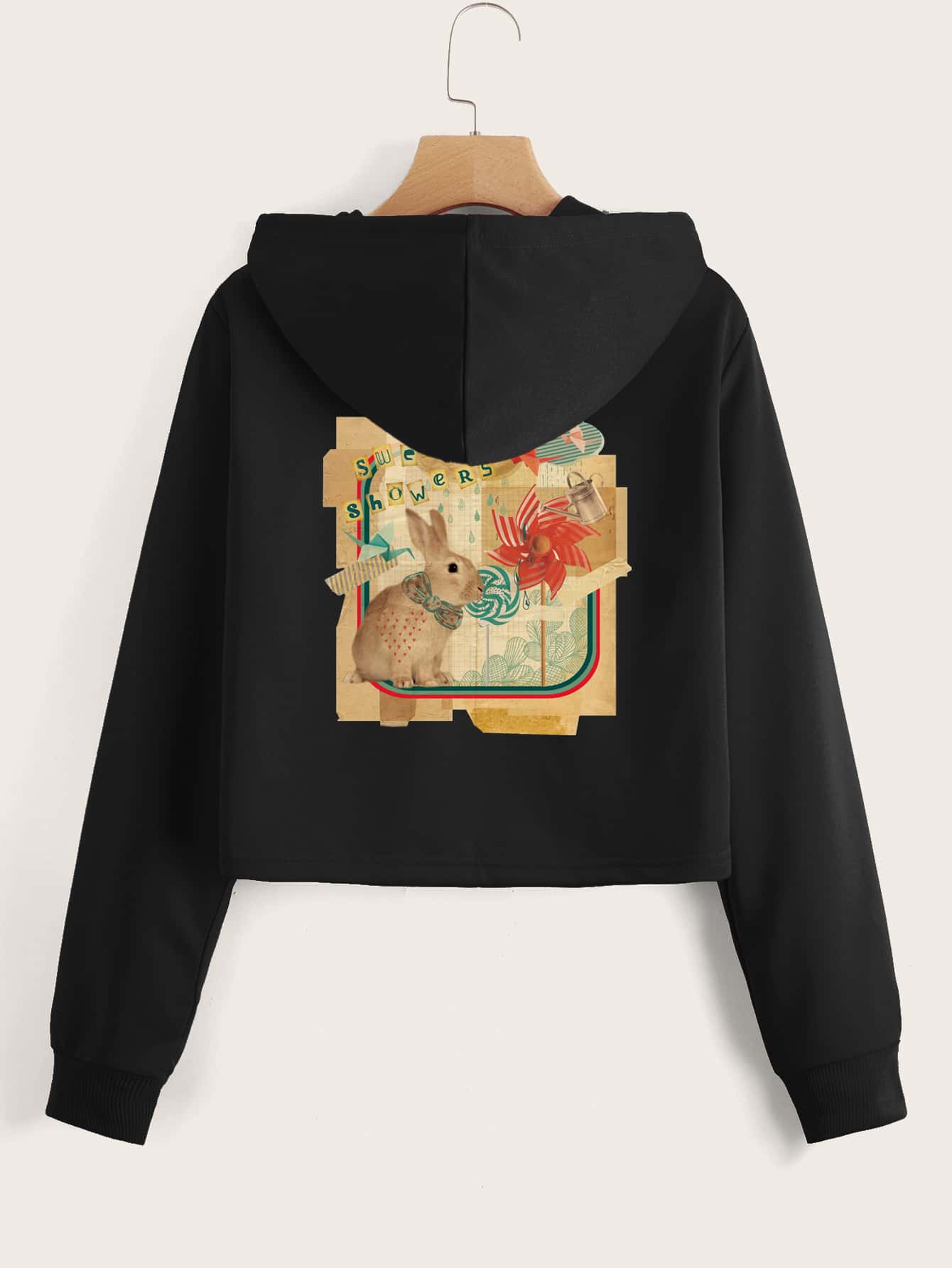 Rabbit Print Crop Drawstring Hoodie | SHEIN USA