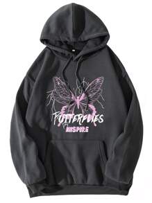 SHEIN EZwear Capucha con slogan con con estampado de mariposa con cordón con bolsillo de canguro - Gris Oscuro - Ver 1