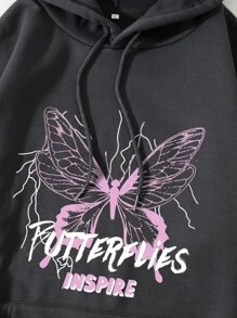 SHEIN EZwear Capucha con slogan con con estampado de mariposa con cordón con bolsillo de canguro - Gris Oscuro - Ver 6