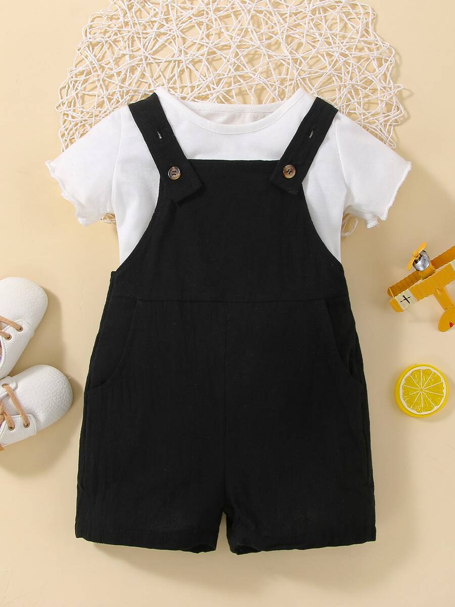 Baby Lettuce Trim Tee & Suspender Shorts - Black and White - View 1