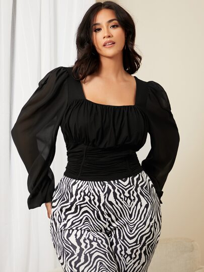 مقاس كبير لباس علوي ياقة مربع اكمام بيشوب