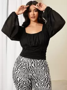 SHEIN Privé Plus Square Neck Bishop Sleeve Top - Black - View 3