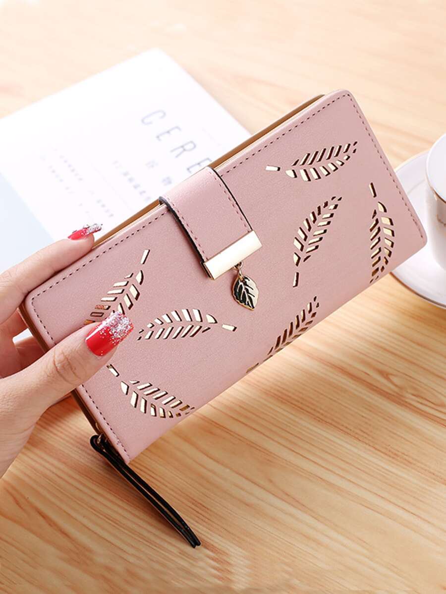 簡約金色鏤空葉子錢包大容量零錢包情人節多功能手拿包 - 粉色 - 查看 1