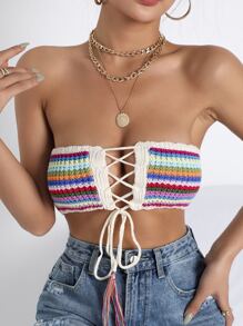 SHEIN SXY Striped Pattern Lace Up Knot Tube Knit Top - Multicolor - View 1