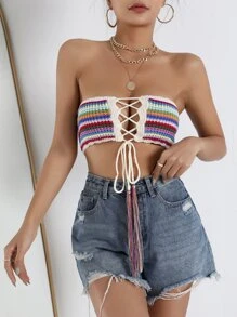 SHEIN SXY Striped Pattern Lace Up Knot Tube Knit Top - Multicolor - View 3