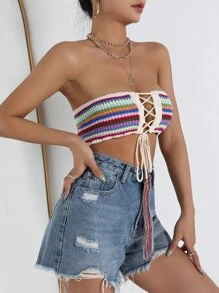 SHEIN SXY Striped Pattern Lace Up Knot Tube Knit Top - Multicolor - View 4