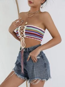 SHEIN SXY Striped Pattern Lace Up Knot Tube Knit Top - Multicolor - View 5