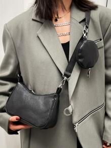 Túi đeo chéo in nổi bằng vải thiều có hộp đựng tiền xu - màu đen - Xem 1