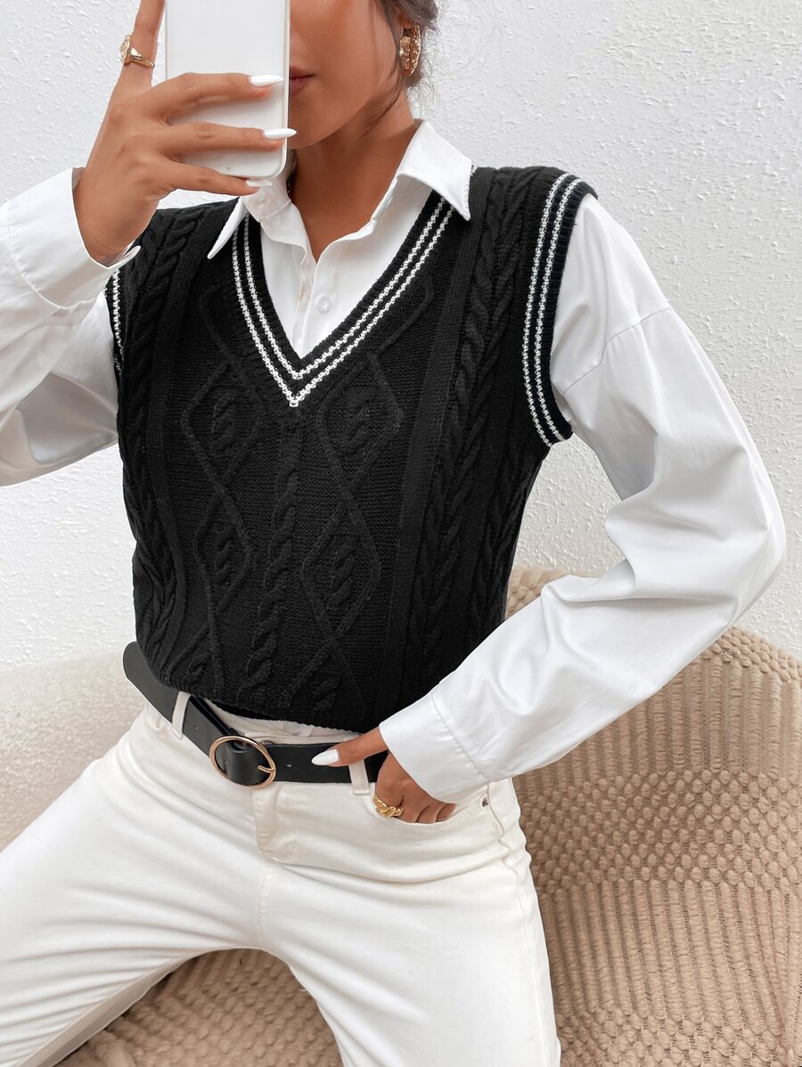 Chiquease Women Sweater Vests Tương phản ràng buộc màu trơn Sẵn sàng - màu đen - Xem 1