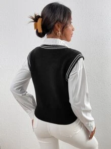 Chiquease Women Sweater Vests Tương phản ràng buộc màu trơn Sẵn sàng - màu đen - Xem 2