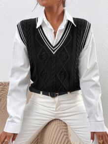 Chiquease Women Sweater Vests Tương phản ràng buộc màu trơn Sẵn sàng - màu đen - Xem 3