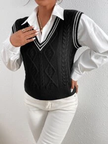 Chiquease Women Sweater Vests Tương phản ràng buộc màu trơn Sẵn sàng - màu đen - Xem 5