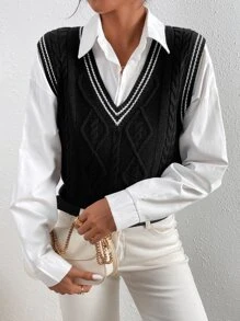 Chiquease Women Sweater Vests Tương phản ràng buộc màu trơn Sẵn sàng - màu đen - Xem 6