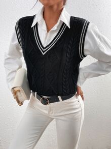 Chiquease Women Sweater Vests Tương phản ràng buộc màu trơn Sẵn sàng - màu đen - Xem 7