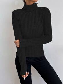Chiquease Funnel Neck Raglan Sleeve Rib-knit Tee - Black - View 4