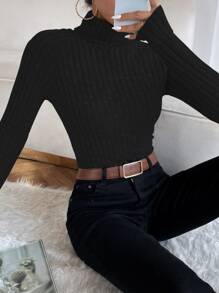 Chiquease Funnel Neck Raglan Sleeve Rib-knit Tee - Black - View 5