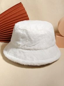Solid Plush Fluffy Bucket Hat - White - View 1