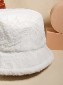 Solid Plush Fluffy Bucket Hat - White - View 3