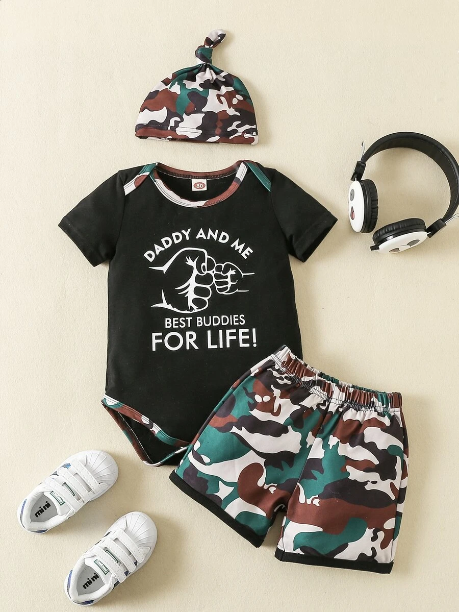 Bộ đồ Em bé Tương phản ràng buộc Con số Ngụy trang Slogan Giải trí - Nhiều màu - Xem 1