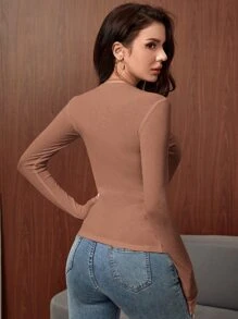 SHEIN Essnce Áo thun nữ Gân đan màu trơn Cơ bản - Màu be - Xem 2