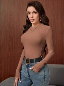 SHEIN Essnce Áo thun nữ Gân đan màu trơn Cơ bản - Màu be - Xem 4