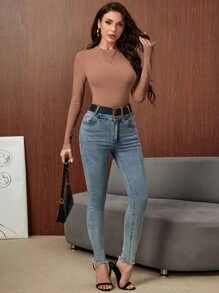 SHEIN Essnce Áo thun nữ Gân đan màu trơn Cơ bản - Màu be - Xem 5