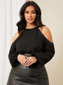SHEIN Privé Plus Cold Shoulder Sequin Trim Top - Black - View 1