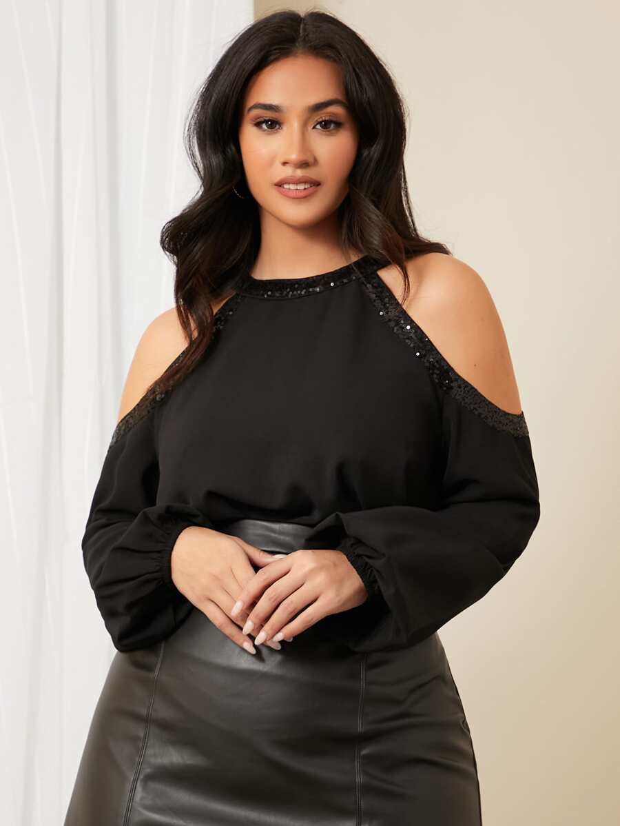 SHEIN Privé Plus Cold Shoulder Sequin Trim Top - Black - View 1