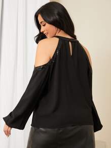 SHEIN Privé Plus Cold Shoulder Sequin Trim Top - Black - View 2