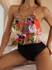 Tropical Print Tiered Layer Tankini Summer Beach - Multicolor - View 1