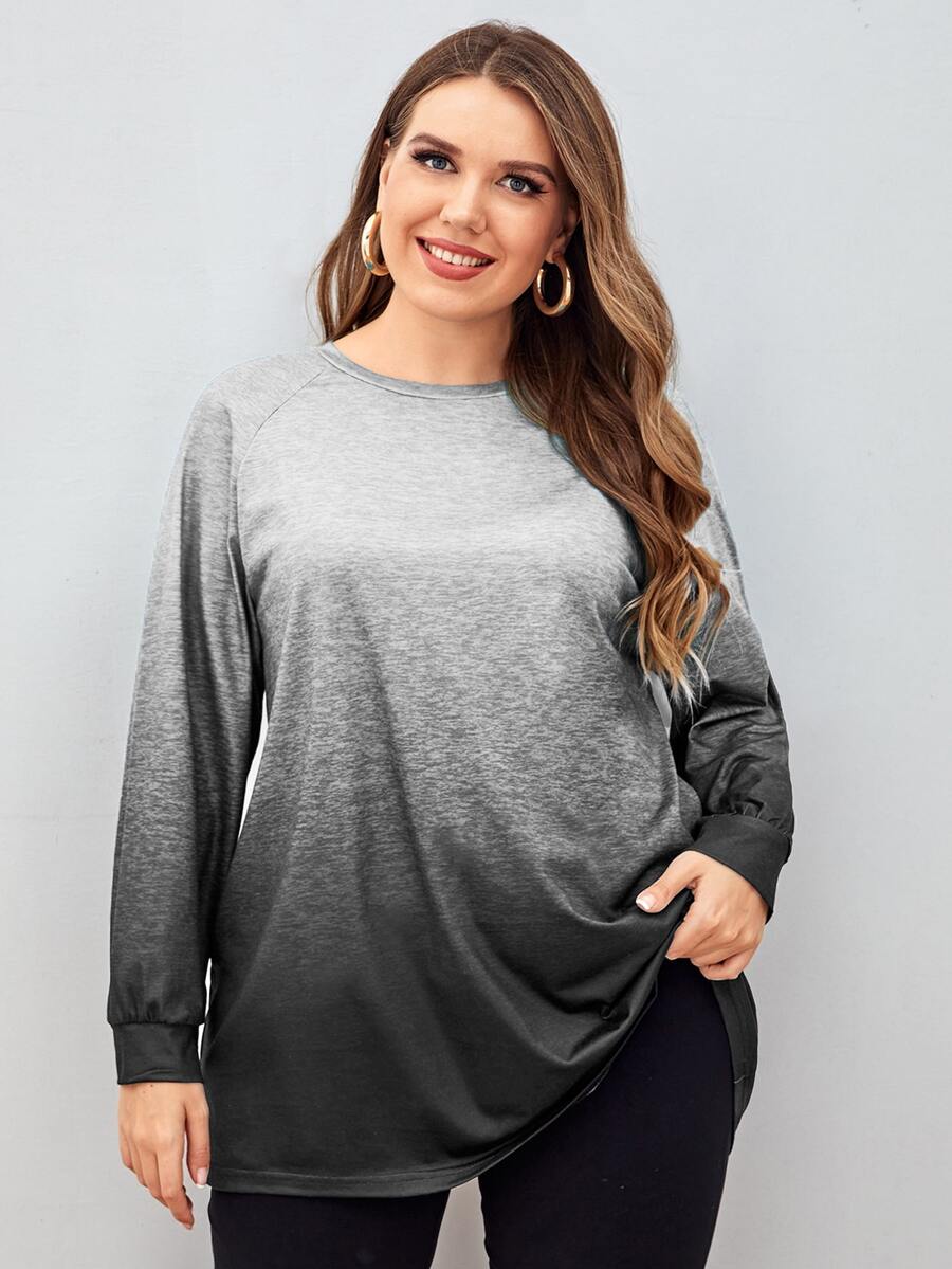 Plus Ombre Print Raglan Sleeve Tee - Grey - View 1