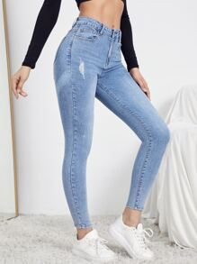 Vaqueros ajustados de talle alto con diseño roto - Lavado ligero - Ver 1