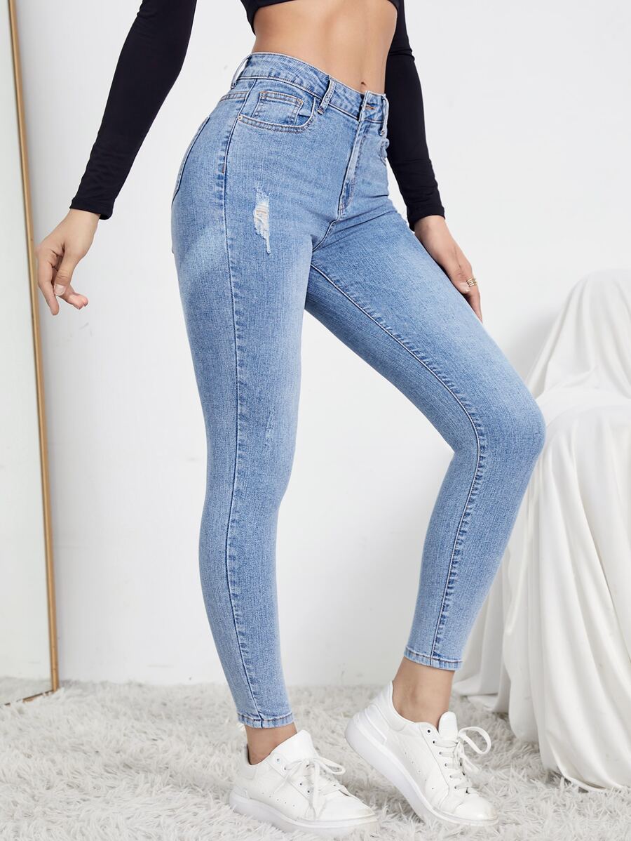 Vaqueros ajustados de talle alto con diseño roto - Lavado ligero - Ver 1