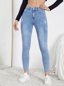 Vaqueros ajustados de talle alto con diseño roto - Lavado ligero - Ver 3