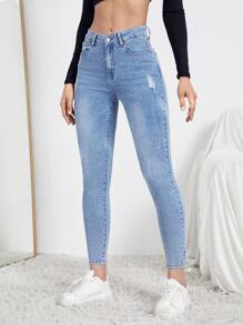 Vaqueros ajustados de talle alto con diseño roto - Lavado ligero - Ver 4