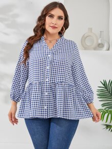 Mulvari Áo sơ mi Plus Size Viên lá sen Nút phía trước Kẻ sọc Dễ thương - Xanh và trắng - Xem 1
