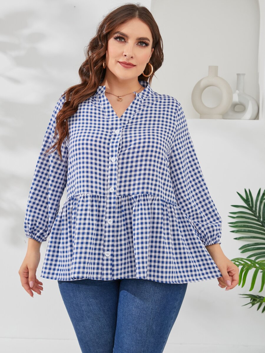 Mulvari Áo sơ mi Plus Size Viên lá sen Nút phía trước Kẻ sọc Dễ thương - Xanh và trắng - Xem 1