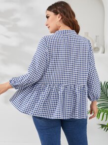 Mulvari Áo sơ mi Plus Size Viên lá sen Nút phía trước Kẻ sọc Dễ thương - Xanh và trắng - Xem 2