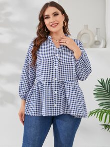 Mulvari Áo sơ mi Plus Size Viên lá sen Nút phía trước Kẻ sọc Dễ thương - Xanh và trắng - Xem 3