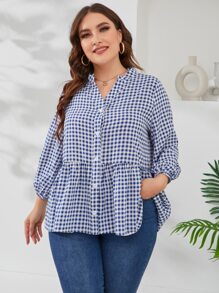Mulvari Áo sơ mi Plus Size Viên lá sen Nút phía trước Kẻ sọc Dễ thương - Xanh và trắng - Xem 4