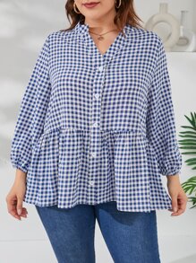 Mulvari Áo sơ mi Plus Size Viên lá sen Nút phía trước Kẻ sọc Dễ thương - Xanh và trắng - Xem 5