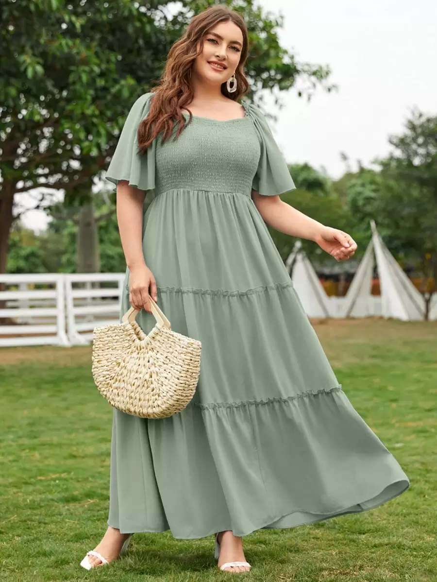 Modelyn Plus Size 1pc Butterfly Sleeve Shirred Dress - Mint Green - View 1