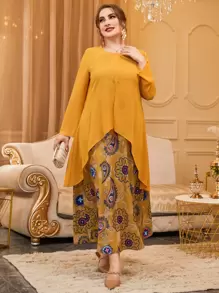 Mulvari Plus Paisley Scarf Print Two Layered Hem Dress - Yellow - View 1