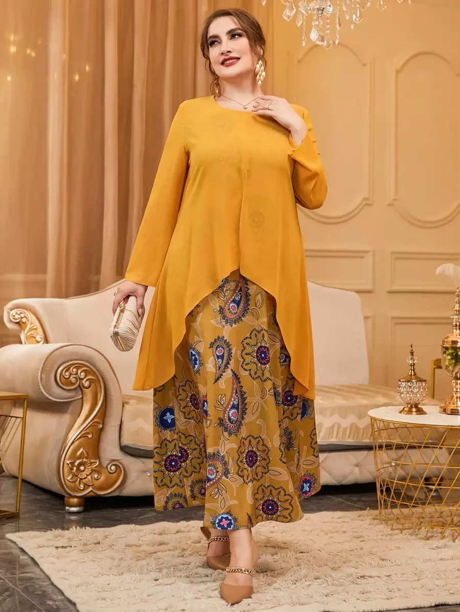 Mulvari Plus Paisley Scarf Print Two Layered Hem Dress - Yellow - View 1