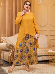 Mulvari Plus Paisley Scarf Print Two Layered Hem Dress - Yellow - View 3